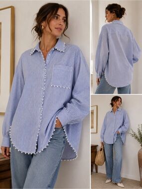 Light Blue Striped Button-Down Shirt with Pom Trim